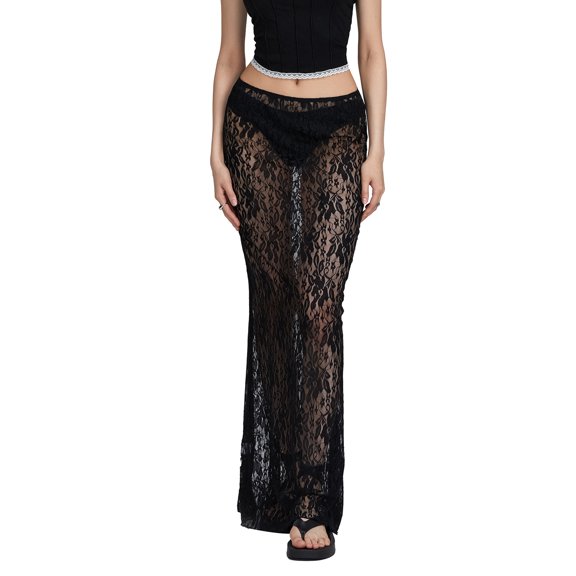 LMLYSoH Women's Lace Long Skirts Vintage High Waist Solid Color See-Through Midi Skirts Slim Fit Skirts