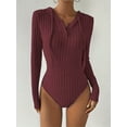 thumbnail image 3 of Ribbed Drawstring Hooded Bodysuit Long Sleeve Tight Fit Bodysuit Spring Fall Women's, 3 of 9