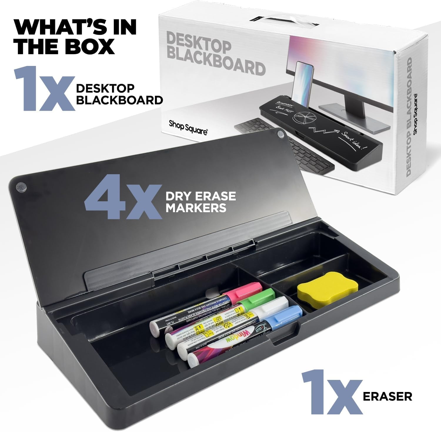 Desktop Whiteboard with Storage Compartment and Phone & Tablet Slot - Includes 4 Markers, 1 Eraser, Black
