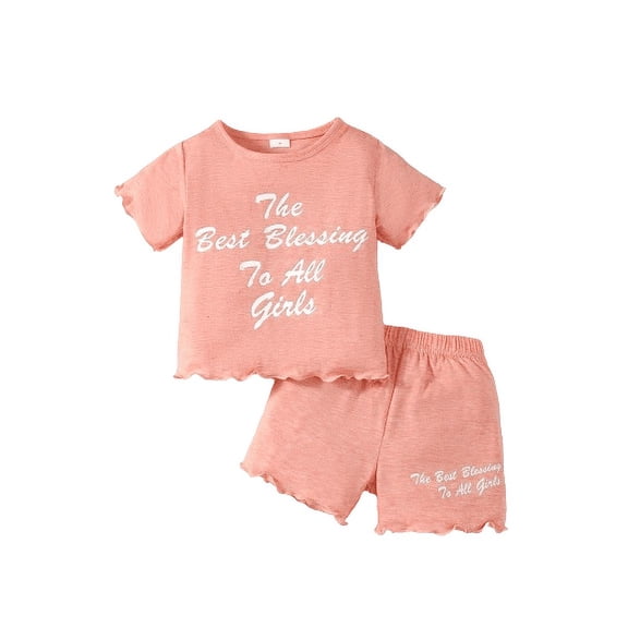 Mikrdoo 7T Big Girls Clothes 4Y,5Y,6Y,7Y Girls Outfits Letter Print Short Sleeve Casual Tee Elastic Shorts Sets 2Pcs Summer OOTD Pink