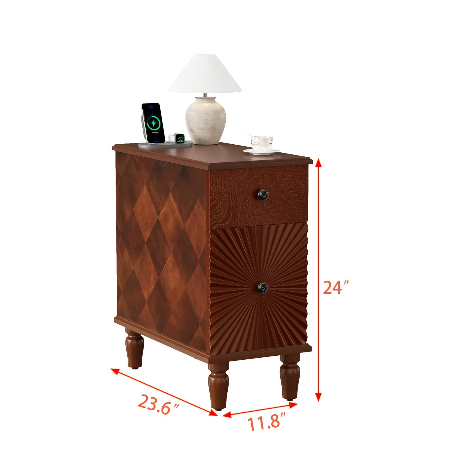 Hommoo Modern 2 Drawer Sofa Side Table, Narrow End Table Nightstand for Living Room, Bedroom, Walnut