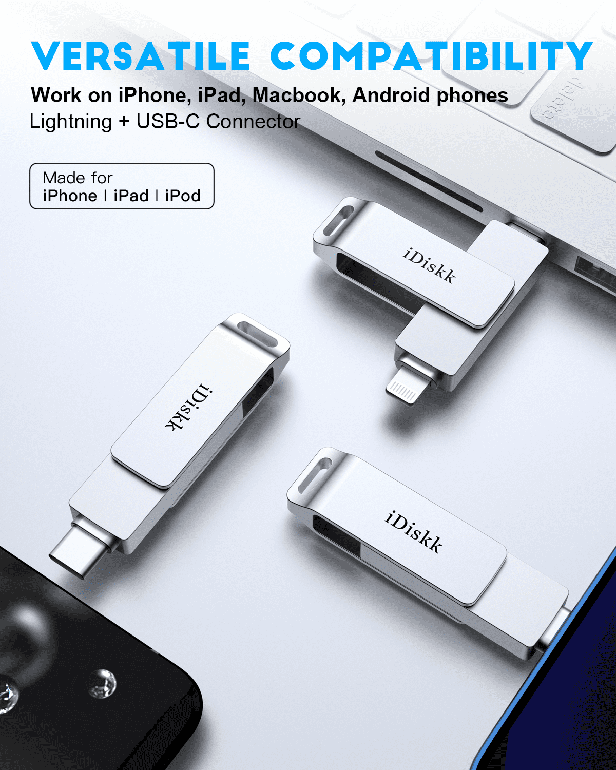 iDiskk MFi Certified 256GB Flash Drive for iPhone Photo Stick for iPhone, iPad, and Macbook - Thumb Drive with Lightning and USB Type-C Connectors