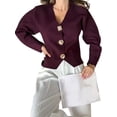 thumbnail image 3 of Cropped Cardigan Sweaters for Women V Neck Long Sleeve Gold Button Down Knit Cardigan Tops Rose Red S, 3 of 9