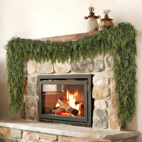 Guvpev 6FT Christmas Cedar Garland for Fireplace, 2Pcs Artificial Christmas Garland Thick & Lush Realistic Faux Cedar Fake Pine Needles Garland for Table, Window, Stairs, Mante, Indoor Outdoor Decor