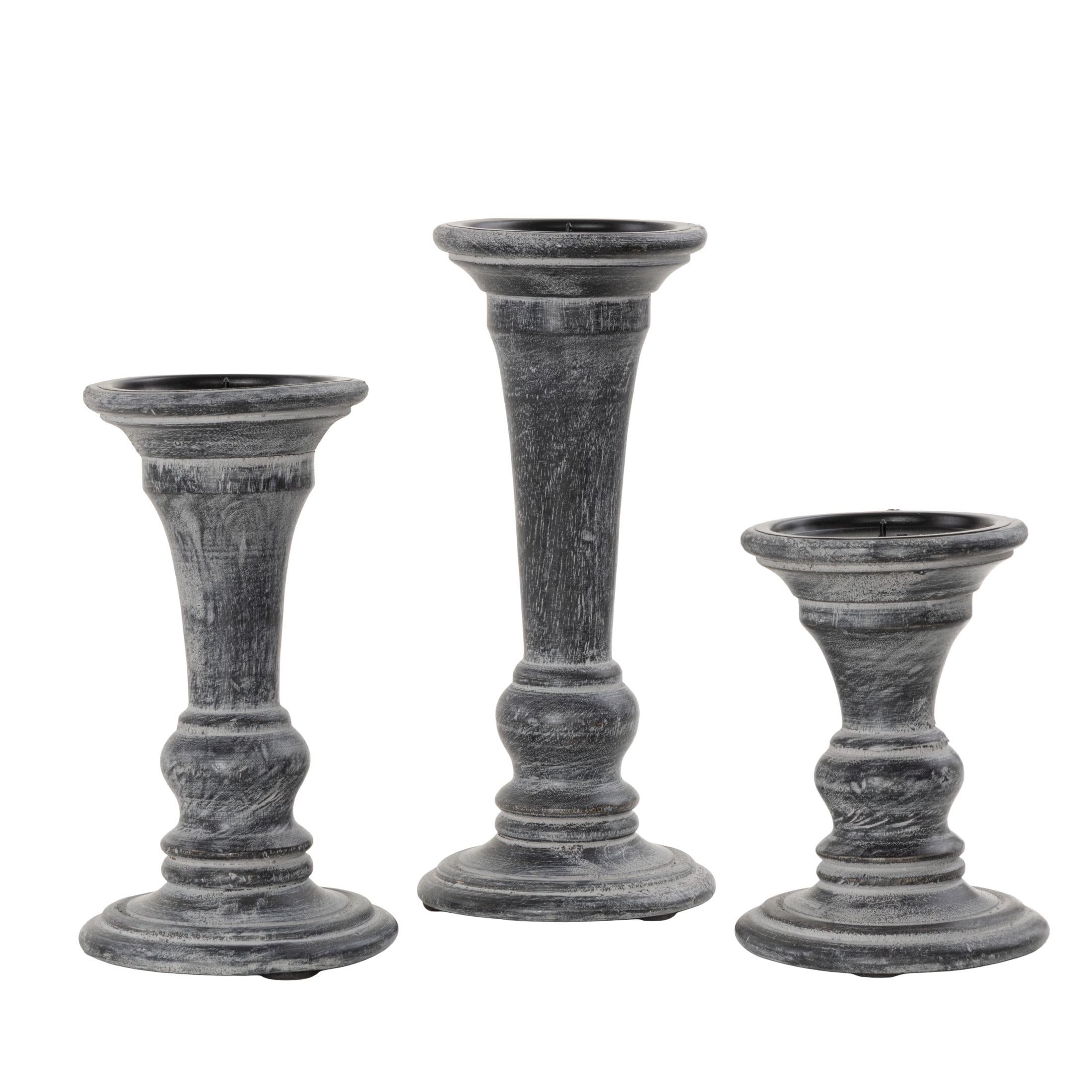 DecMode 3 Candle Black Mango Wood Whitewashed Turned Candle Holder, Set of 3