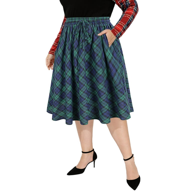 CASSIE LIZ Ladies Plus Size 4X Skirts for Spring Drawstring Stretchy Pocket Skirt Plaid Green Casual Skirt 4XL 24W 26W