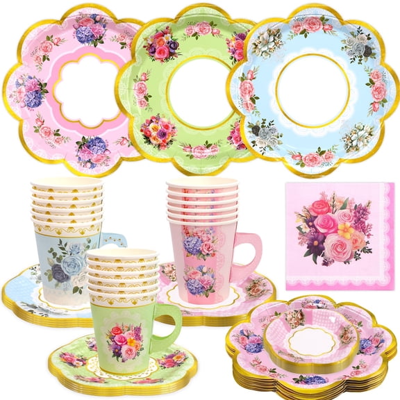Tea Party Decorations Floral Disposable Supplies AFN1Serves 18 Guests 9 inch Plates and Napkins Paper Tea Cups and Saucers with Handles for Spring Birthday Baby Shower Wedding