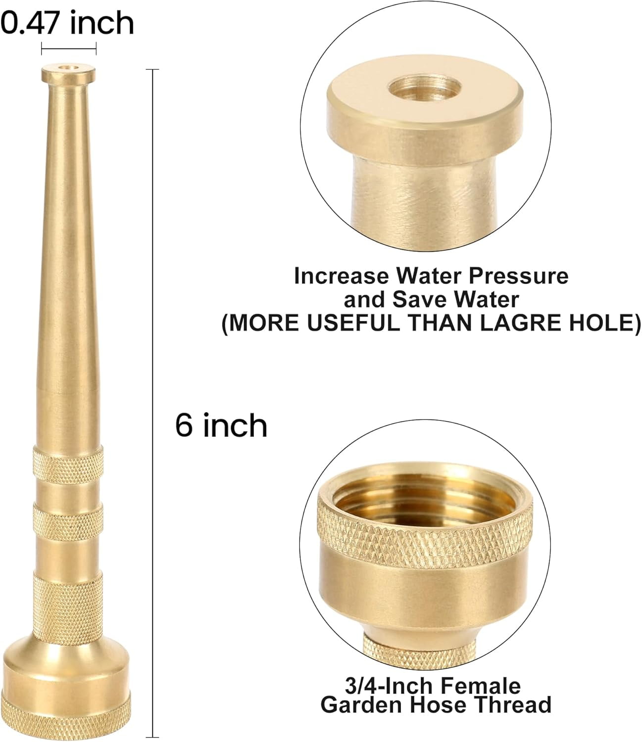 6" Brass Garden Water Hose Nozzle, Jet Stream Hose Nozzle with 3/4-Inch, 7 GPM 80 PSI, High Pressure Super Sweeper Nozzle For Clean Patios, Driveways, Sidewalks, Yard, Vehicles, Deck