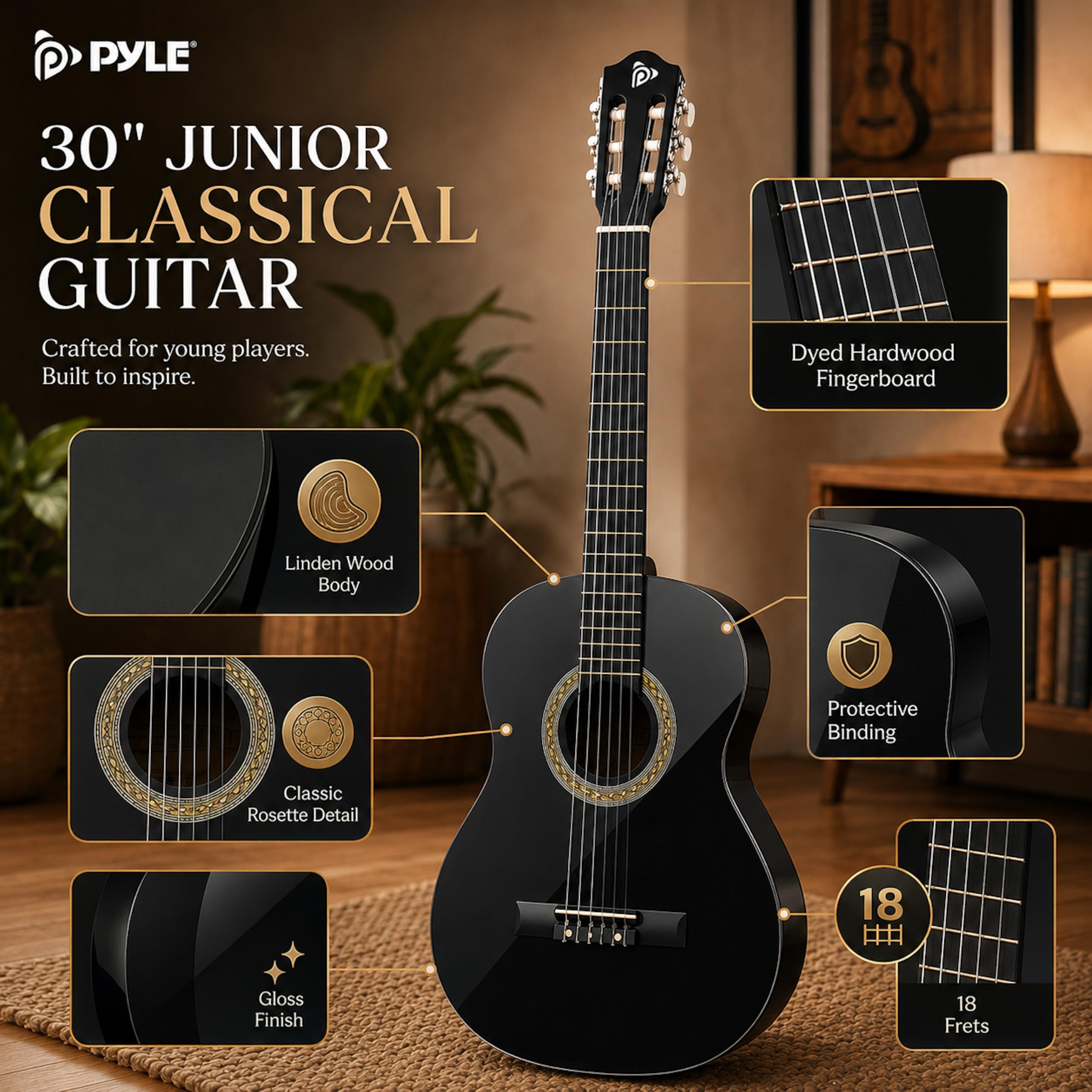 Pyle 30in Classical Acoustic Guitar Beginner Kit Black photo 5