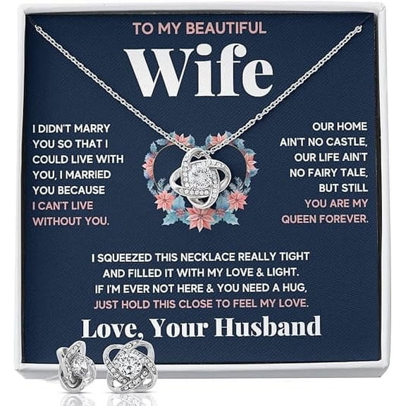 To My Wife Necklace Set Gift from Husband, Wedding Gift for Wife, Valentines Day Gift for Wife, 1st Anniversary Gift for Wife with Message Card and LED Box, Love Knot Necklace Set