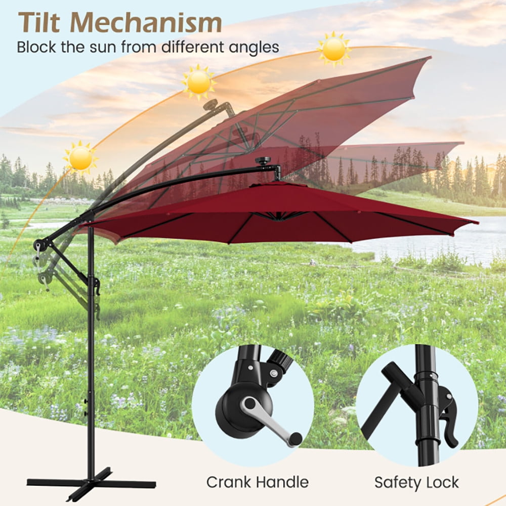 Aimee Lii 10 Feet Patio Offset Umbrella with 112 Solar-Powered LED Lights, Sunbrella Patio Umbrellas, Red Aimee Lii 10 Feet Patio Offset Umbrella with 112 Solar-Powered LED Lights, Sunbrella Patio Umbrellas, Red
