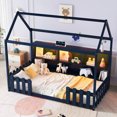 thumbnail image 3 of Twin Size House Bed with LED Light, Wood House Bed with Storage Bookshelf, Floor House Bed with Guardrails , Farmhouse Bed  for Kids and Teens , No Box Spring Needed, Navy Blue, 3 of 7