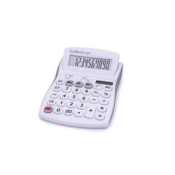 Lexibook - 10 Digit Desktop Calculator with Folding Display - Basic and Memory Function - Large Keys and Screen for Office, School, Home - Solar & Batteries - White / Gray - C210