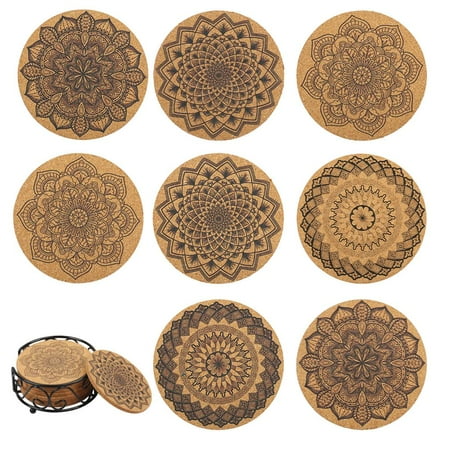 

AirSMall 8Pcs Round Cork Coasters 4in Absorbent Reusable Coasters Mandala Pattern Cork Drink Coasters with Holder for office bar home