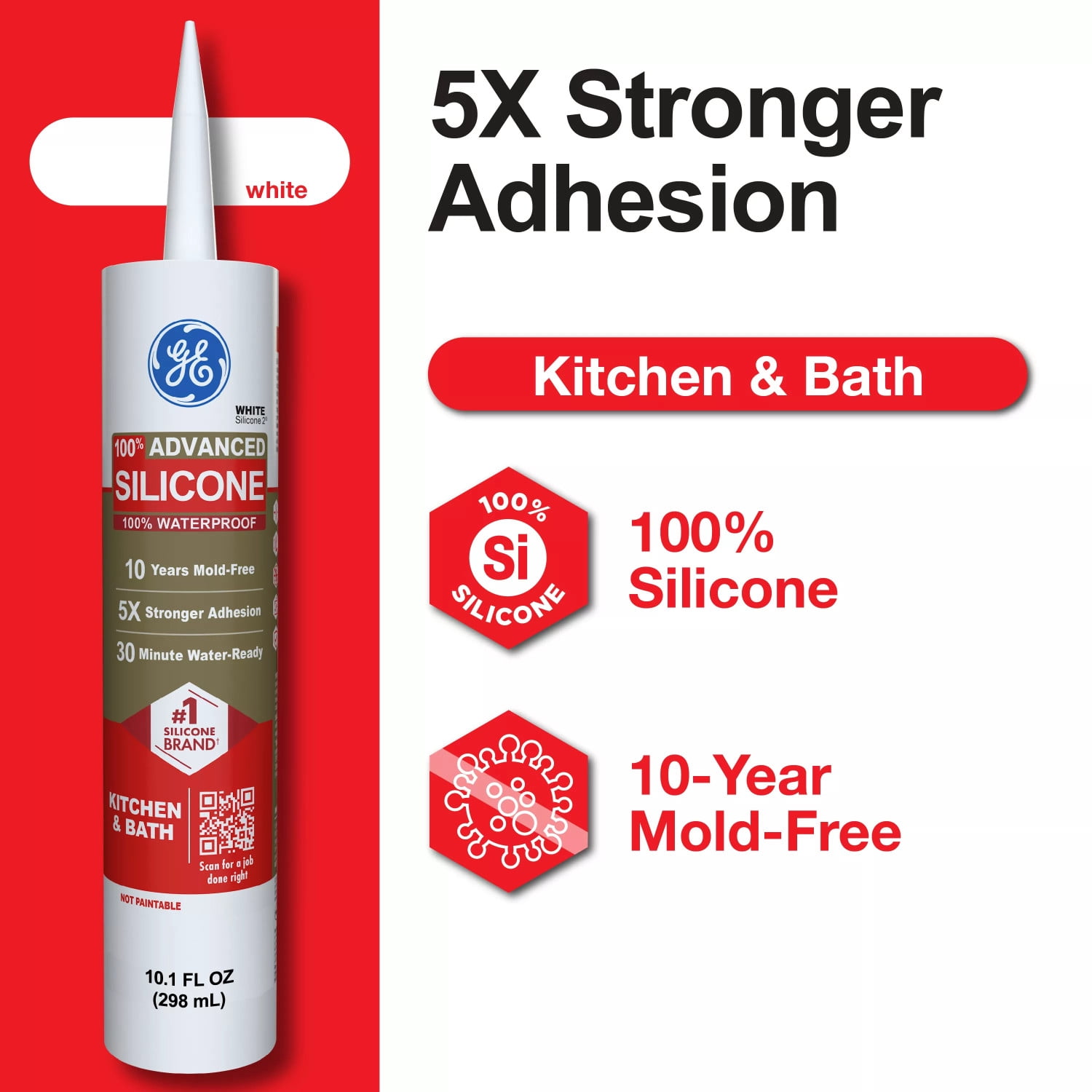 (12 pack) GE Advanced Silicone Kitchen & Bath Sealant, Pack of 1, White 10.1 fl oz Cartridge