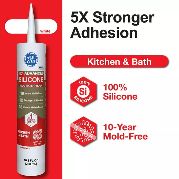 GE Advanced Silicone Kitchen & Bath Sealant, Pack of 1, White 10.1 fl oz Cartridge