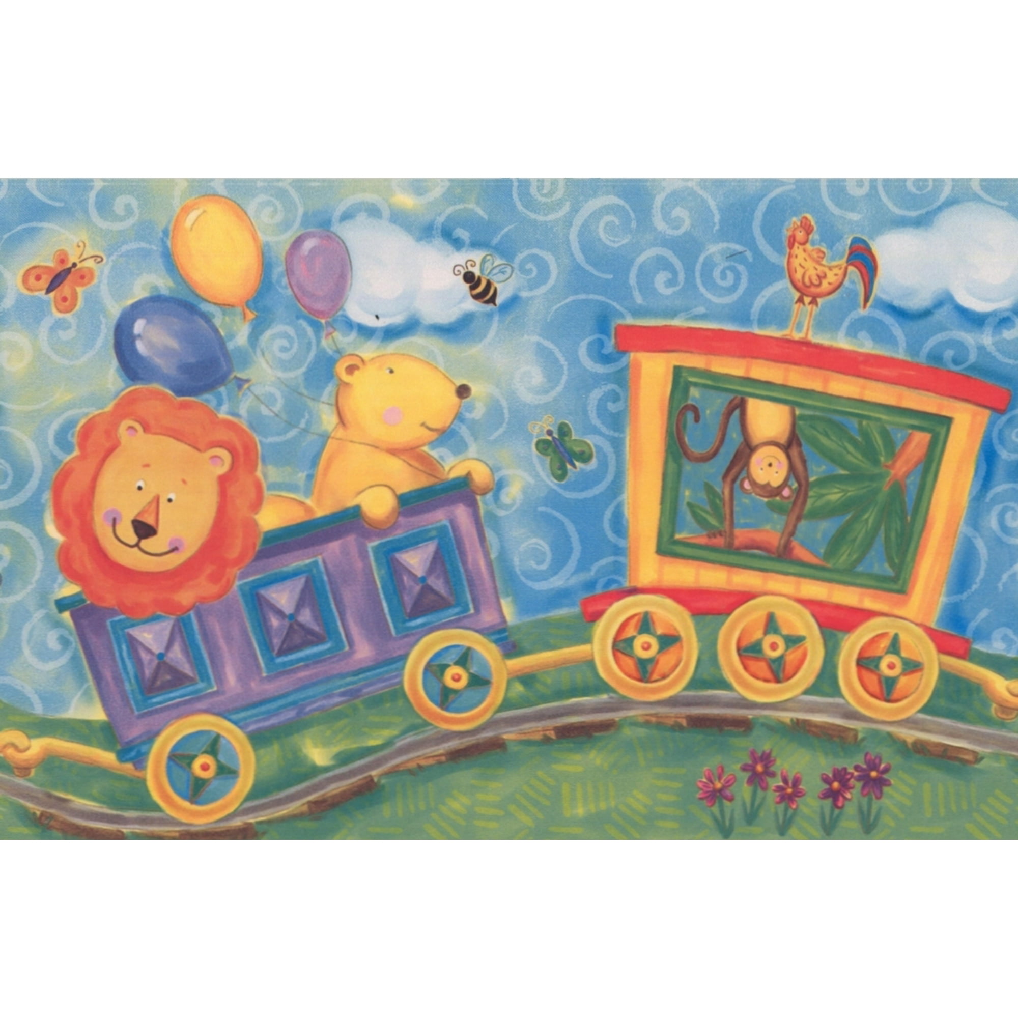 Cartoon Lion Cat Dog Pig Bear Monkey Hippo on Train Kids Wallpaper Border Modern Design, Roll 15' x 6 Cartoon Lion Cat Dog Pig Bear Monkey Hippo on Train Kids Wallpaper Border Modern Design, Roll 15' x 6