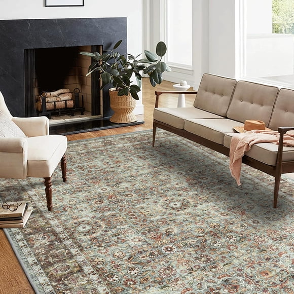 Alfombra RYB HOME, lavable, vintage, floral, 240 x 300 cm, color verde