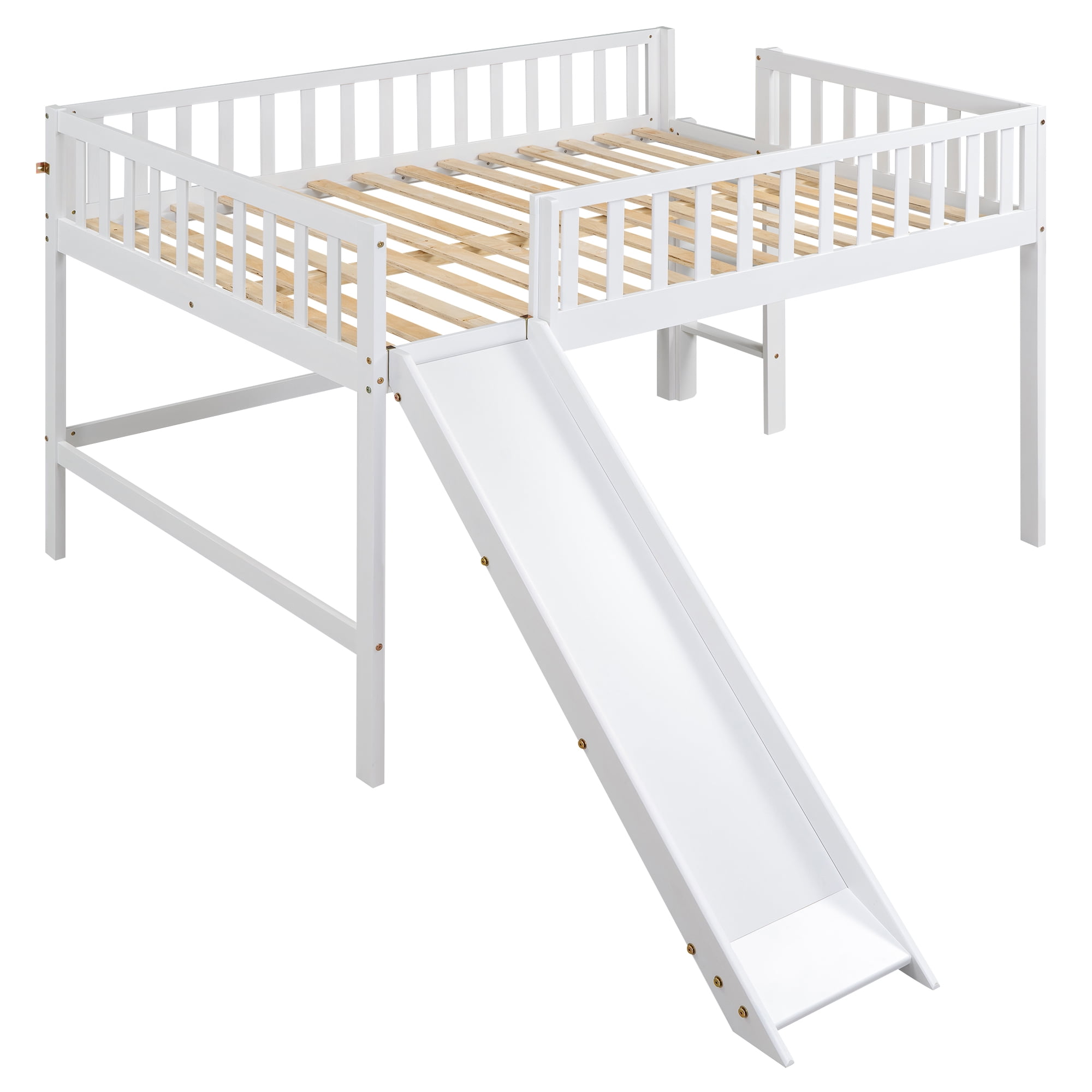 Euroco Wood Full Size Loft Bed, Low Profile Bed with Vertical Ladder and Slide for Kids Teens, White