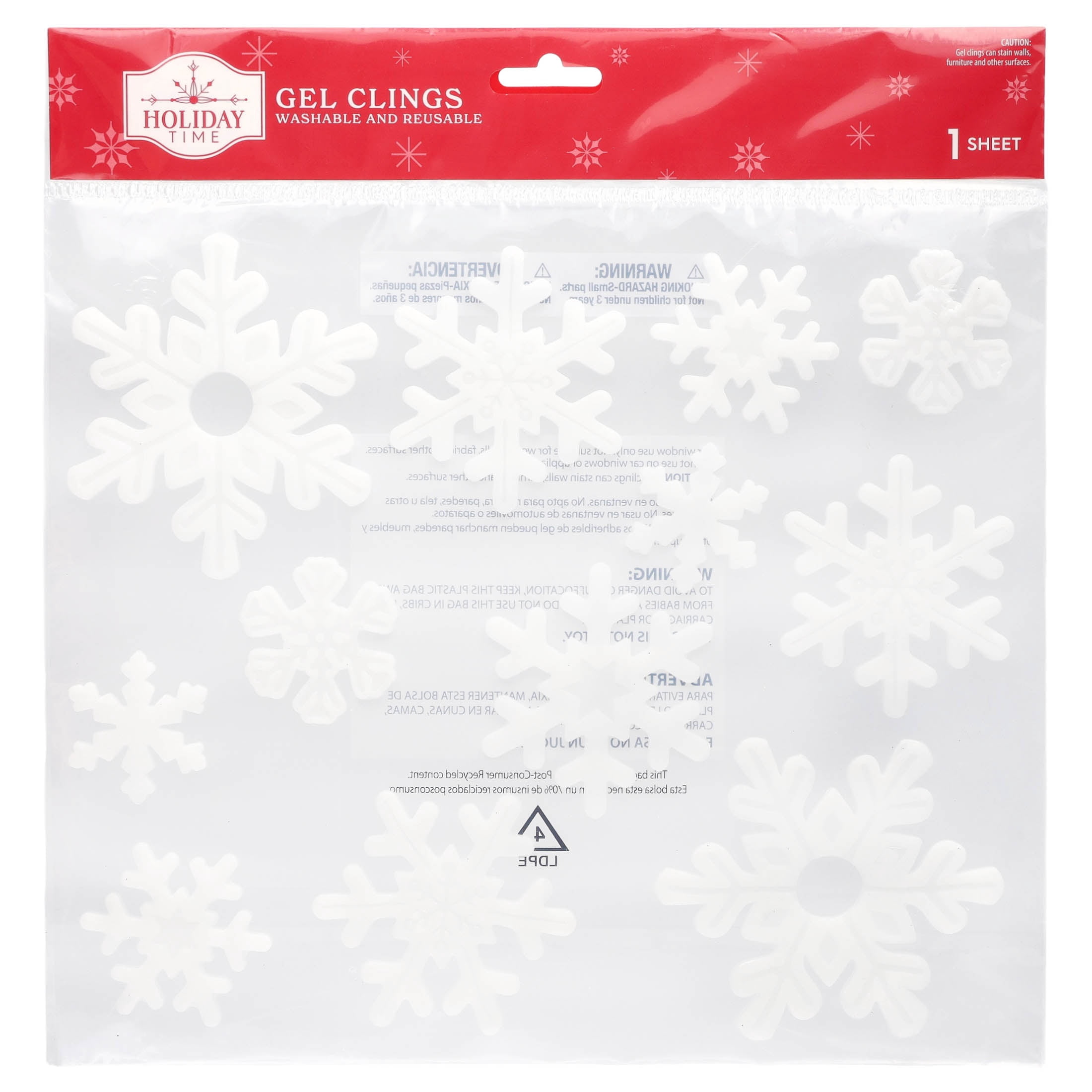 Snowflake Christmas Window Gel Clings, White, 11.5" x 11.8", by Holiday Time