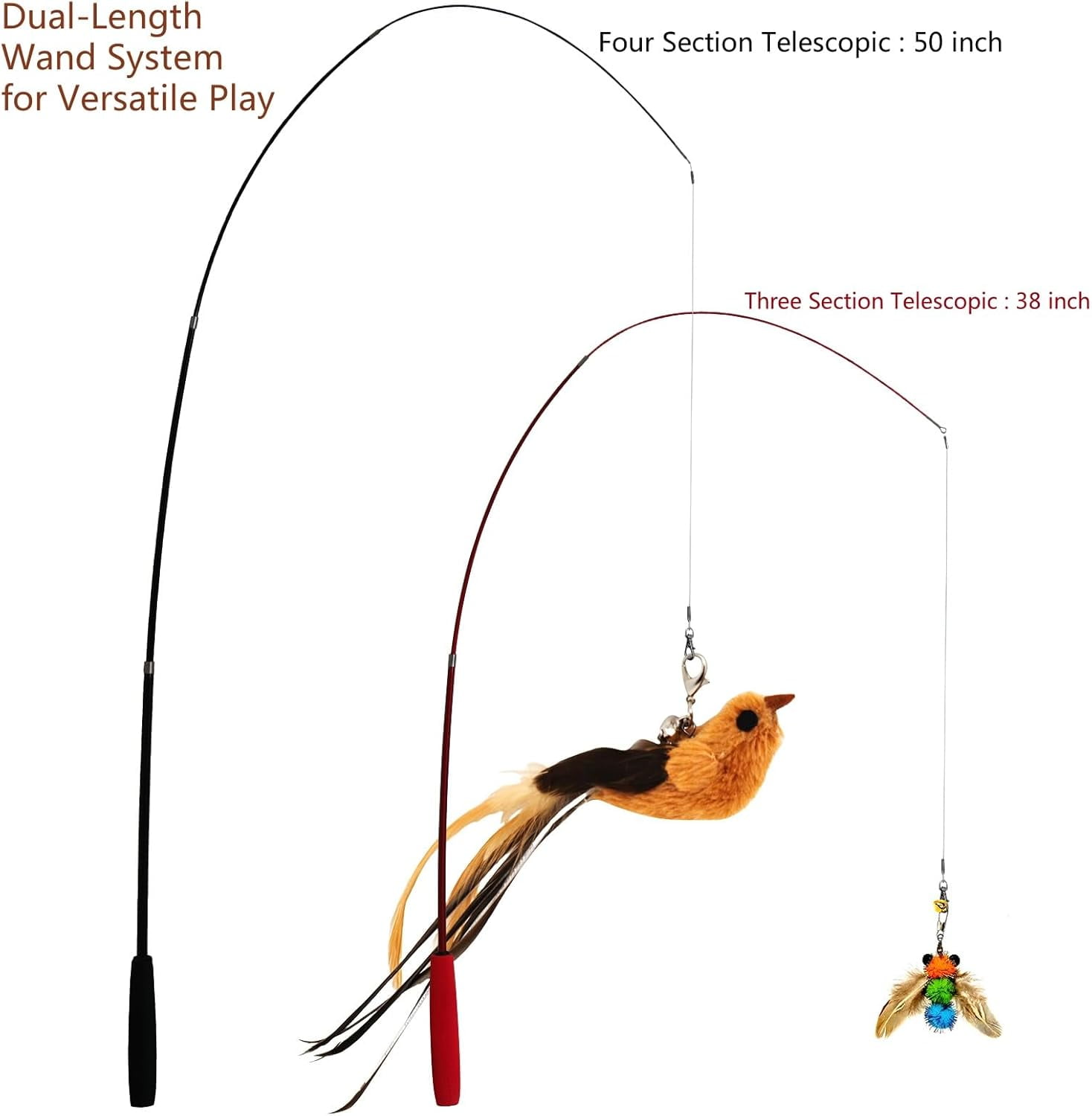 Interactive Cat Wand Toy Set – 2 Retractable Wands (37" & 49") with 11 Refills Attachments – Feather Toys, Plush Bird, Worms, Insect & Swallow – Cat Teaser Toys for Indoor Cats & Kittens