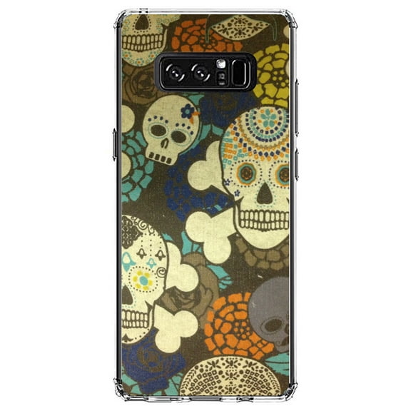 DistinctInk Clear Shockproof Hybrid Case for Samsung Galaxy Note 8 - TPU Bumper, Acrylic Back, Tempered Glass Screen Protector - Sugar Skulls Green Orange
