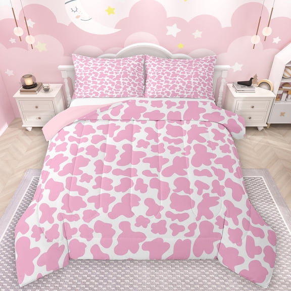 Manfei Cute Cow Pattern Bedding Comforter Set,Farm Animal Cattle Twin Comforter Sets,Pink White Bedding Set For Girls Kids,Microfiber Bedroom Decor Reversible,2-Piece