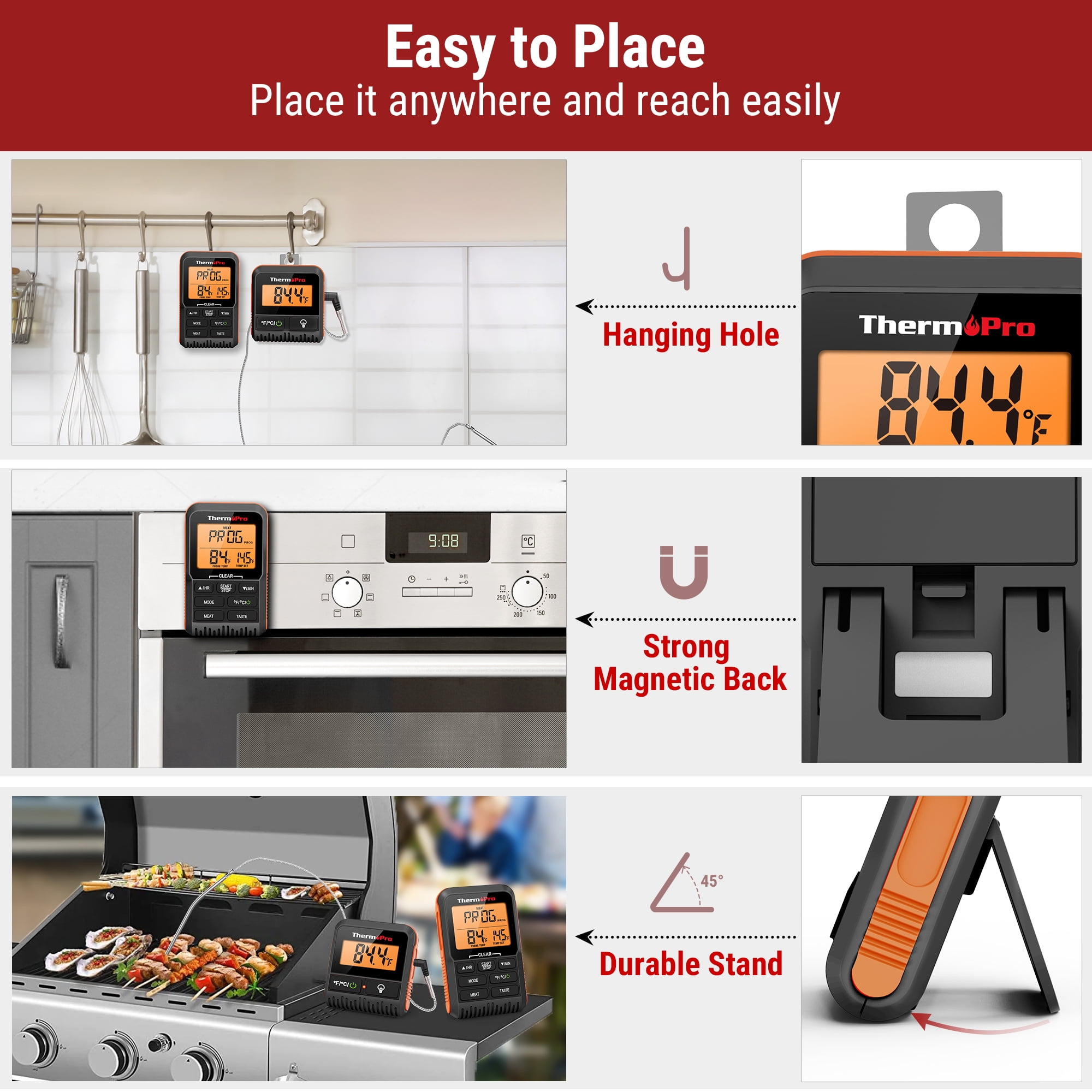 ThermoPro TP806BW Wireless Meat Thermometer with Large LCD Display and Dual Stainless steel probes for Grilling Smoker