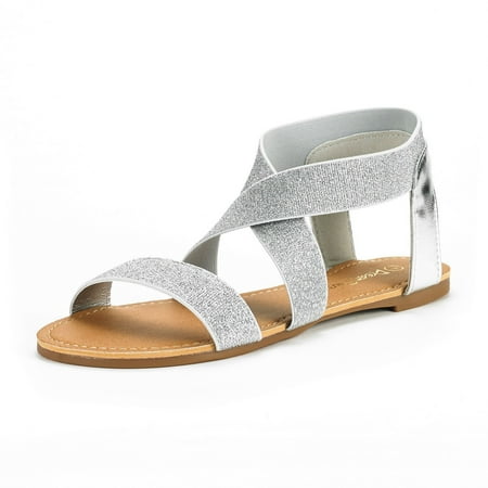 Dream Pairs Women Elastic Ankle Strap Flats Sandals Summer Casual Street Flats Sandals Elatica-6 Silver/Pu Size 7