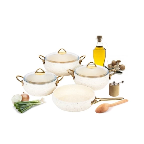 PLKJ White 7Pcs Nonstick Cookware Set Pans Utensils Gold Granite