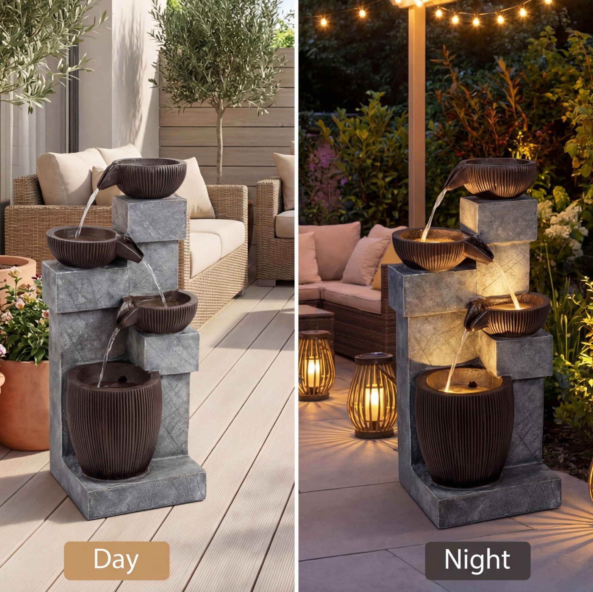ELLEGNT 32" Outdoor Water Fountain with LED Lights – 4-Tier Cascading Fountain for Patio, Deck, Backyard, Balcony