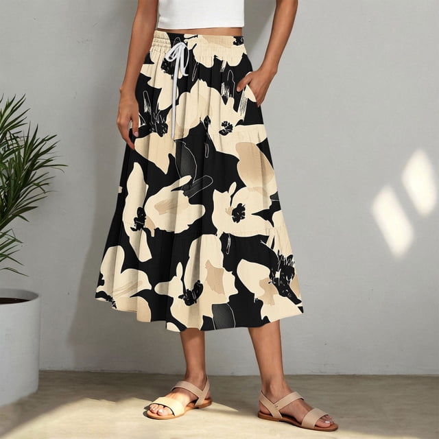 Robes d'Été pour Femmes 2025 Zeophrasy Mode Femme Été Décontractée Confortable Imprimée Ligne A Longues Jupes Taille Élastique Liquidation Moins de 5