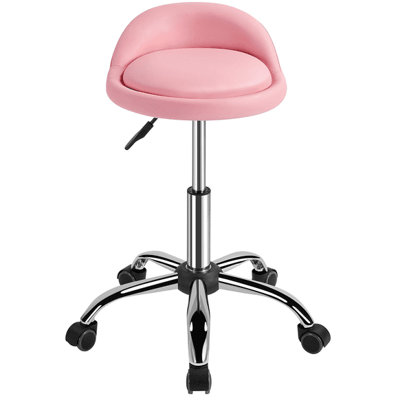Hydraulic Rolling Stool with Backrest, Adjustable Height PU Leather Salon Seat, Smooth Casters Mobile Spa Chair, Tattoo Artist Work Stool, Home Beauty Stool, Pink