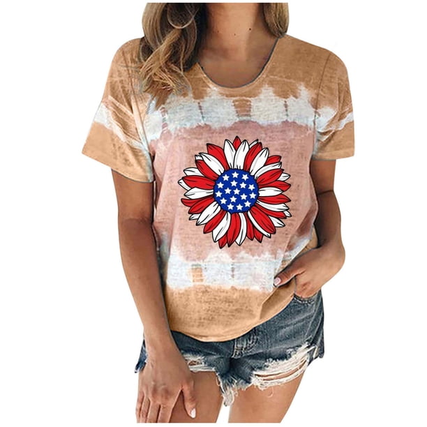 Tops Cortos para las Mujeres Día de la Independencia Corbata Impresa Manga Corta Cuello de la Tripulación, Tops de Corbata para las Mujeres