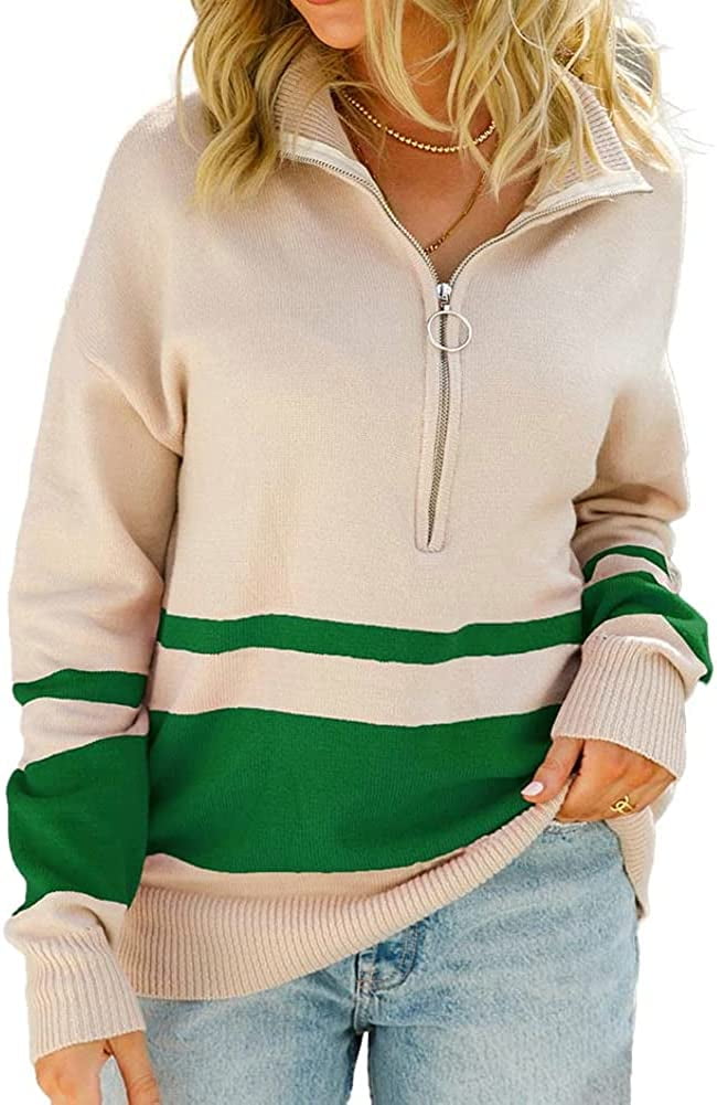 PIKADINGNIS Women Knit Pullover Sweater Long Sleeve Zip Collar Loose