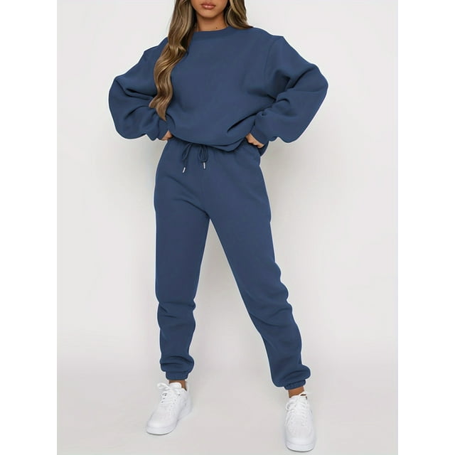 Solid Two-piece Set Long Sleeve Tops & Drawstring Jogger Pants Women's Clothing