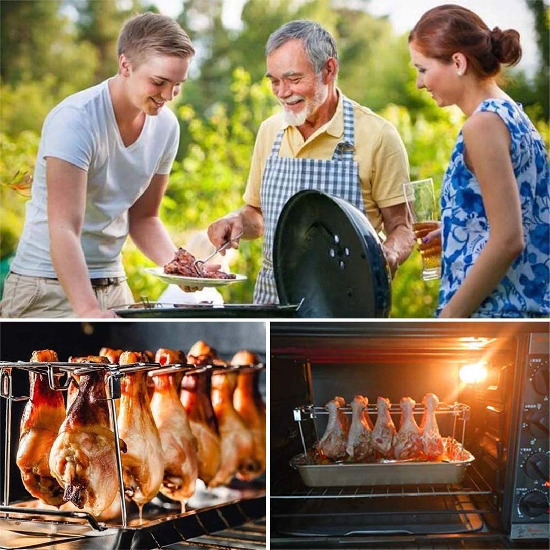 Outamateur Chicken Leg Wing Grill Rack 14 Slots Stainless Steel Roaster Stand BBQ Chicken Drumsticks Rack with Drip Tray and Barbecue Tongs for Picnic or BBQ