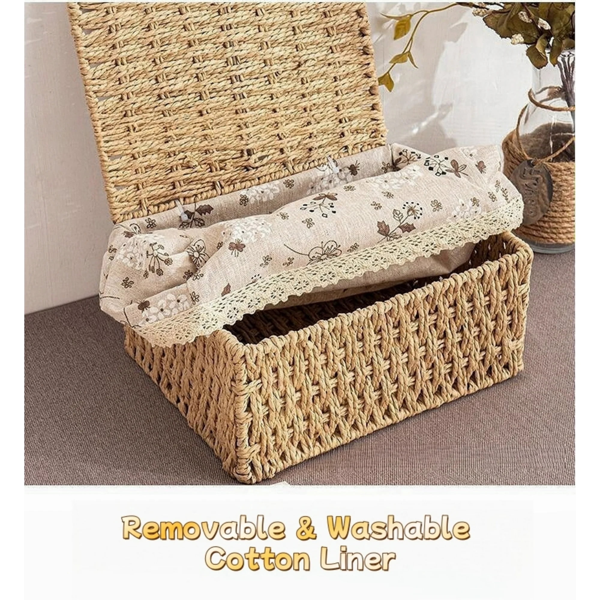 TEAFIRST Set of 3 Wicker Baskets for Storage, Organization Storage Bins with Lid for Bedroom