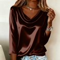 thumbnail image 4 of Dressy Tops for Women 3/4 Length Sleeve Silk Satin Blouses Business Work T Shirts Loose Fit Cowl Neck Spring Summer Outfits 2026 #03Brown 2XL, 4 of 6