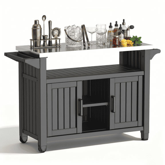 Joxxoaa Wheeled outdoor island bar cart, thickened HDPE patio serving cart with hidden storage cabinets and side trays for BBQ parties. black.