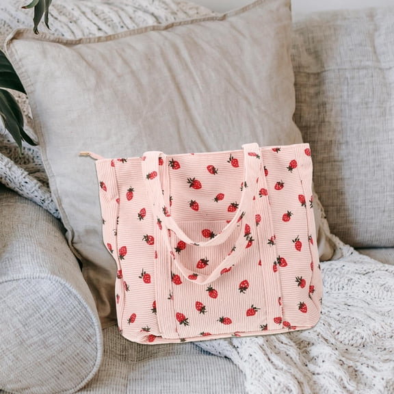 OUNONA Women's Canvas Tote Bag with Strawberry Print, Lightweight Handbag for Books, Shopping, and Everyday Use