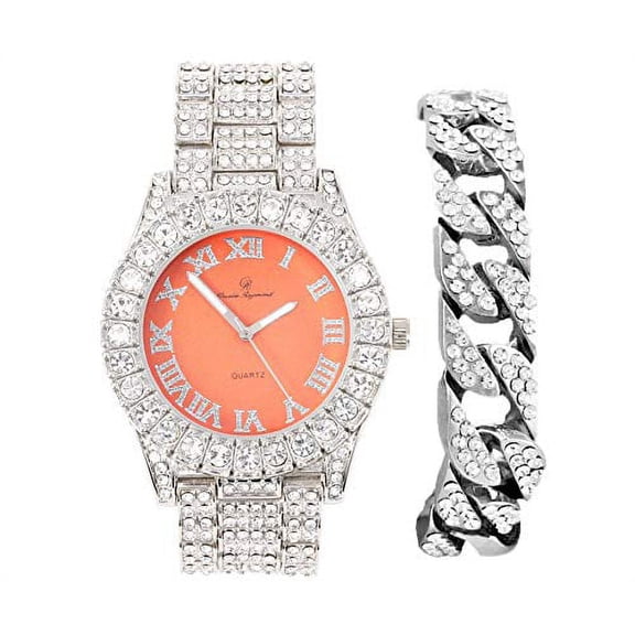 Mens Silver Big Rocks with Roman Numerals Fully Iced Out Colorful Dial Watch w/Bling'ed Out Cuban Shiny Silver Bracelet - ST10327 RN Cuban (SLV Orange New Black)