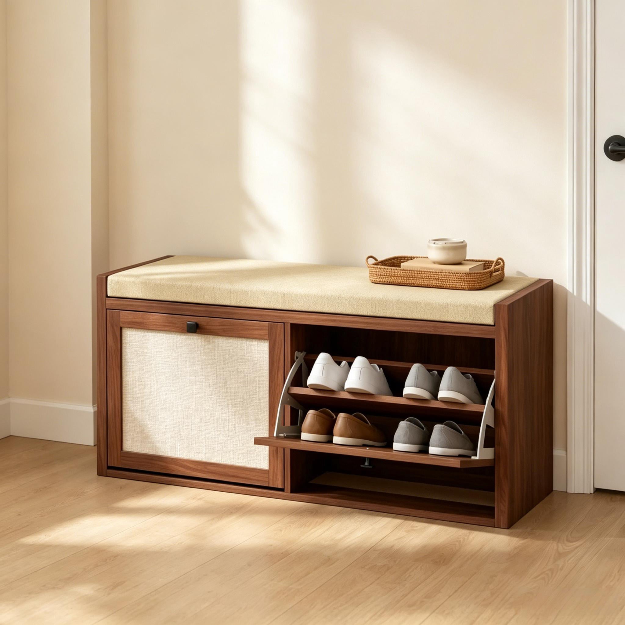 Shoe Storage Bench with Padded Seat, Shoe Storage Bench 2 Rattan Doors for Entryway