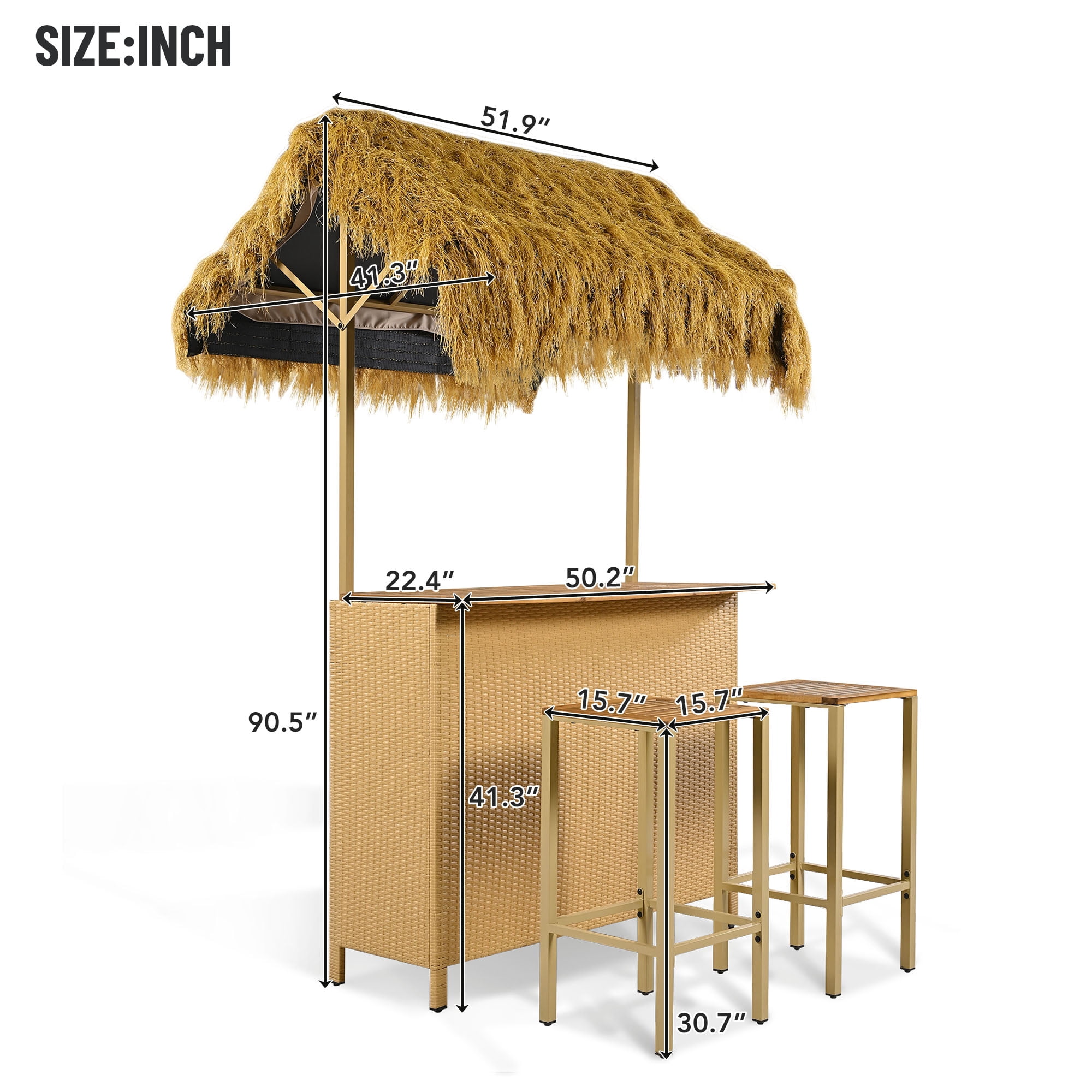 Bar Height Patio Set with PE Grass Canopy, Outdoor Bar Table and Stools with Adjustable Feet, Acacia Wood Top, for Dining and Drinking, Natural
