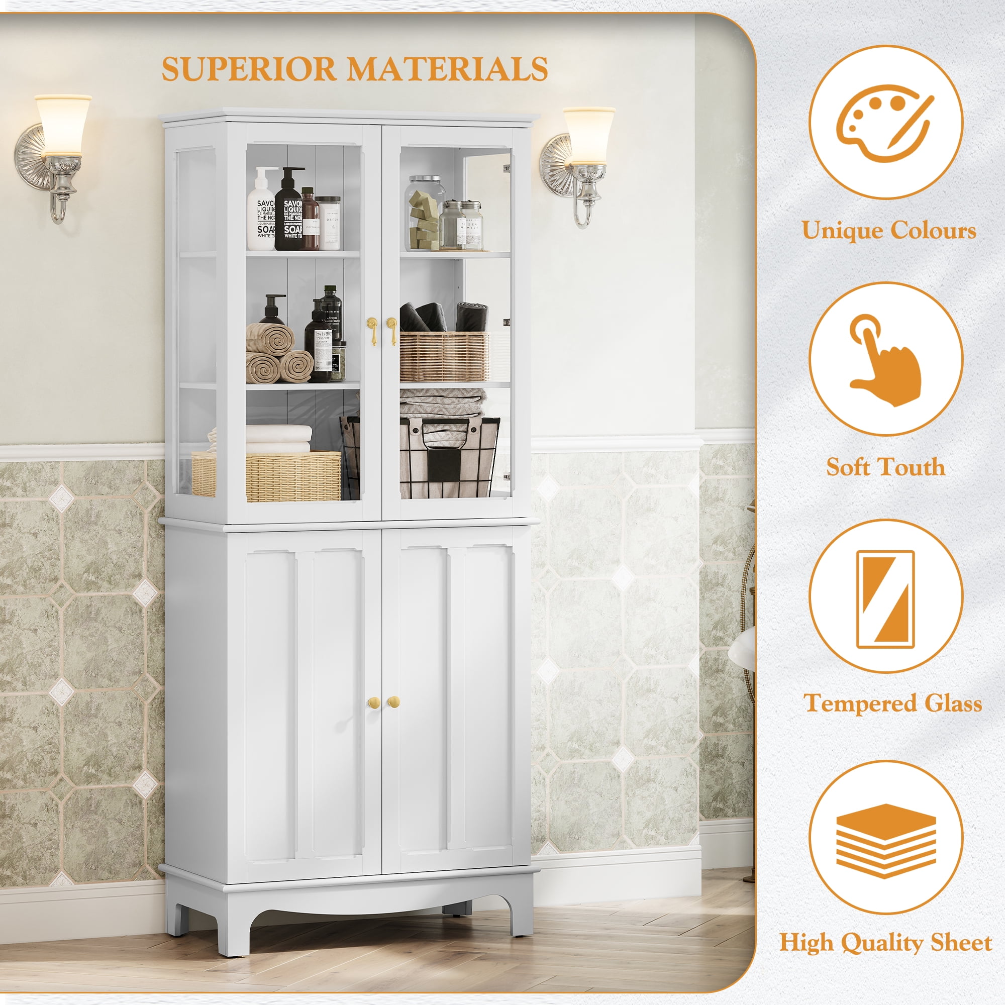 HLR 72 " Freestanding Kitchen Pantry Storage Sideboard,Glass Display Cabinet with Doors, White