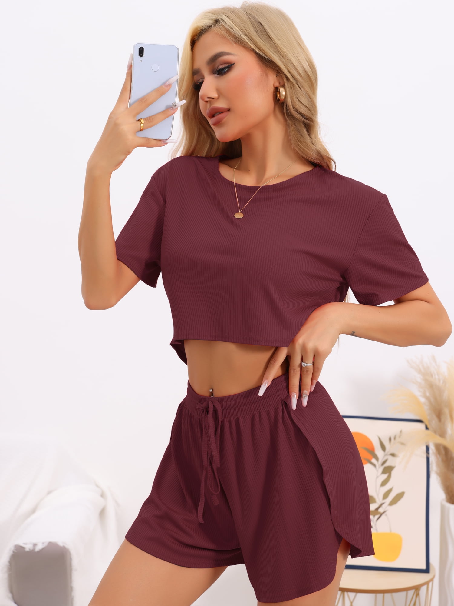 DARING DIVA Women's Rib Knit Short Sleeve Side Slits Pajama Sets XS Fuchsia