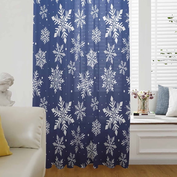 Navy Blue Snowflake Christmas Semi Sheer Curtains Drapes for Living Room, Bedroom, French Doors Window 84 Inches Long, Winter Xmas Snowflakes Rod Pocket Chiffon Curtain Drapery Voile Draperies Panel
