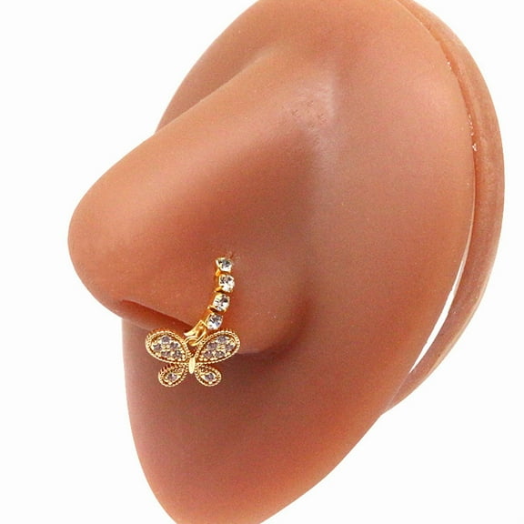 316L Surgical Stainless Steel Cubic Zirconia Dangle Hoop Nose Ring with Charms Golden Butterfly 80mm