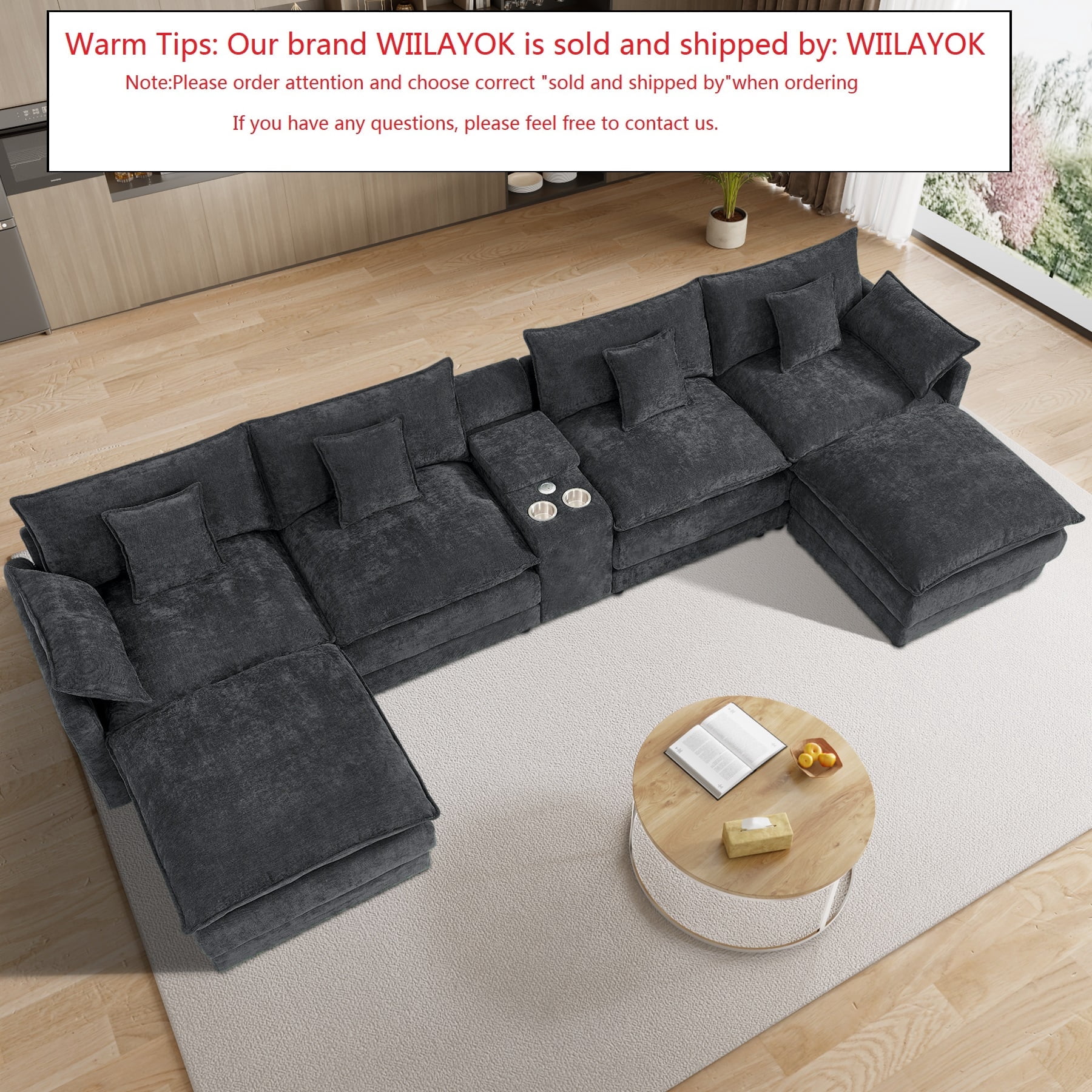 Wiilayok 145" U Shaped Sectional Sofa,Chenille Cloud Modular Sectional Sofa Couch Set with Double Chaise,Central Console,Cup Holder for Living Room,Black