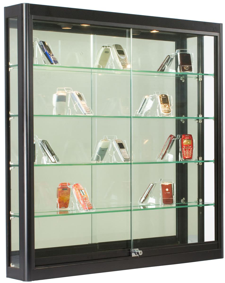 and Ships Fully Assembled Illuminated Glass Display Case That is Wall Mounted Has Locking Sliding Glass Doors